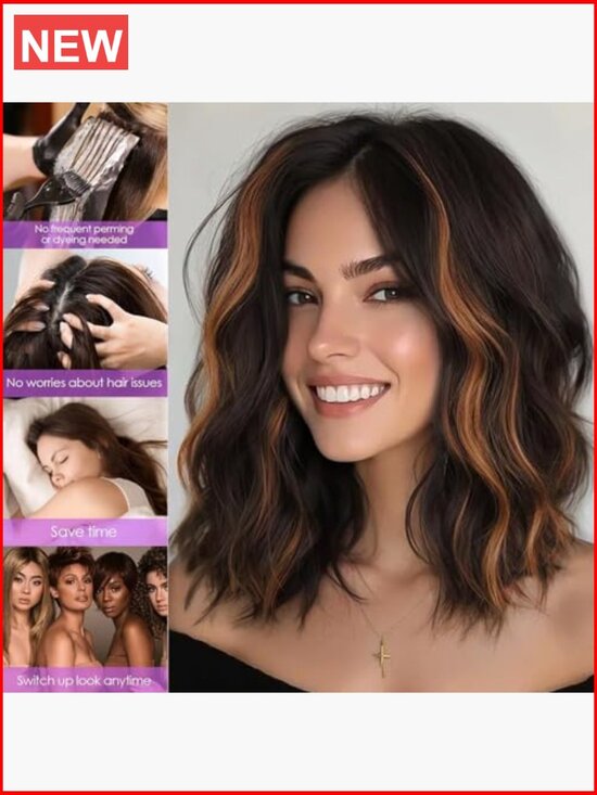 14 Inch Wave Bob Wig with Pre-Cut Lace Hairline Middle Part Synthetic Heat main image 5